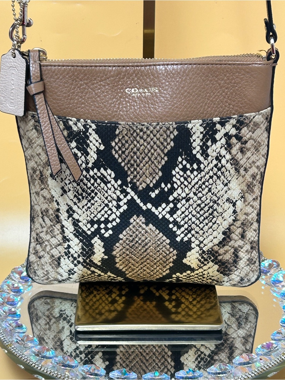 COACH Brown and Cream Snake-Print Crossbody Bag Approx. 8 x 8.5
